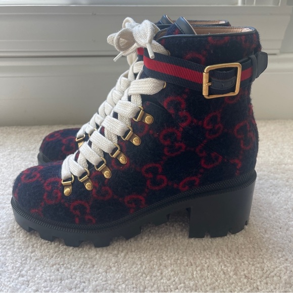 GUCCI Trip GG logo wool combat boots Navy Red - Picture 6 of 13
